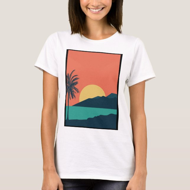 Palmer Solnedgång, Ö, Boho Abstrakt Konst T Shirt (Framsida)