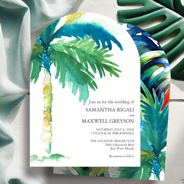 Palmersträd Vattenfärg Bröllopsinbjudan Inbjudningar (Palm tree wedding invitations watercolor art by Victoria Grigaliunas of Do Tell A Belle)
