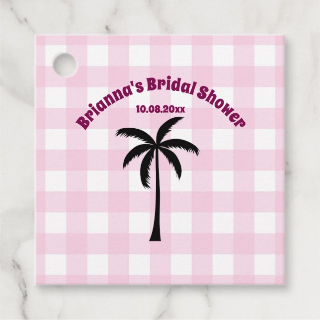 Palmersträd Vit Rosa Rutig Bröllopsdusch Gåvor Etiketter (Framsida)