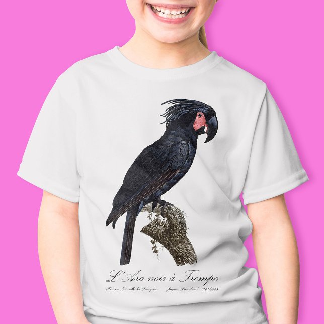 Palmkakadua, Probosciger aterrimus papegoja, retro T Shirt (L' Ara Noir a Trompe / Palm Cockatoo. Girl Basic White T-Shirt)