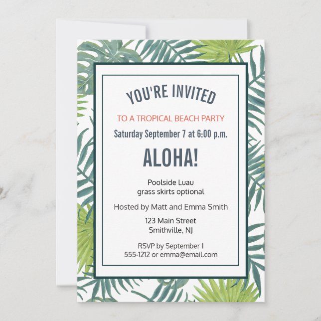 Palmtaggmålning Hawaiianskt Inbjudningar (Framsida)