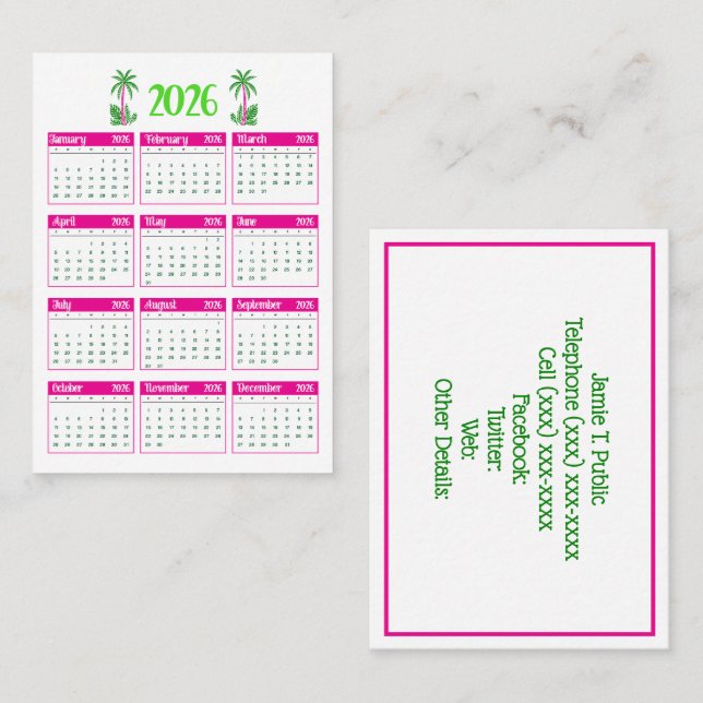 Palmträd 2026 Kalender DIY Färger Het Rosa Grön Visitkort (Fram/baksida)
