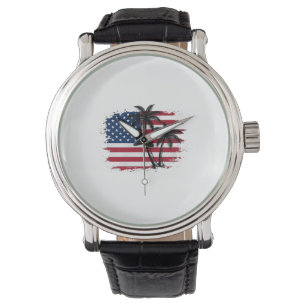 Palmträd Amerikansk Flagga Patriotisk Strand Vekto Armbandsur