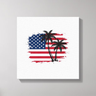 Palmträd Amerikansk Flagga Patriotisk Strand Vekto Canvastryck