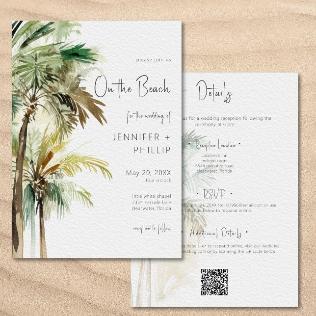 Palmträd Modern Strandbröllop Tvåsidig Inbjudningar (Palm Trees Modern On the Beach Wedding Two Sided Invitation)
