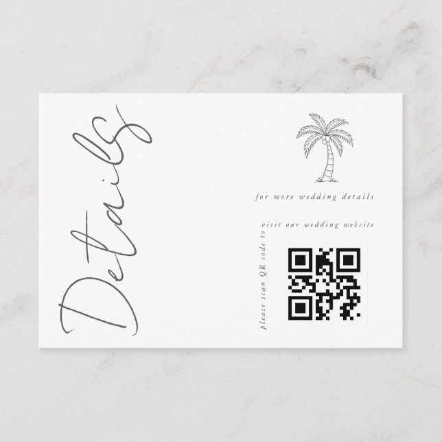 Palmträd Modern Vit QR-kod Bröllopsdetaljer  Tilläggskort (Framsida)