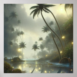 Palmträd och hav dimmig dag poster