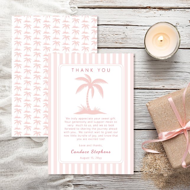 Palmträd och nappflaskor Rosa kusttematisk baby sh Tack Kort (Preppy coastal palm tree blush pink baby shower thank you card with pink and white cabana stripes)