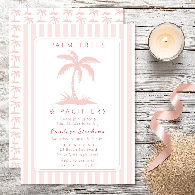 Palmträd och nappflaskor Rosa kusttematisk babyfes Inbjudningar (Elegant pink palm tree "Palm Trees and Pacifiers" baby shower invitation with preppy coastal stripes)