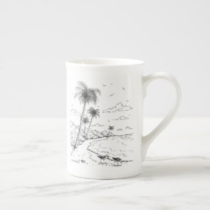 Palmträd och Sandpiperstrandliv Benporslin Mugg