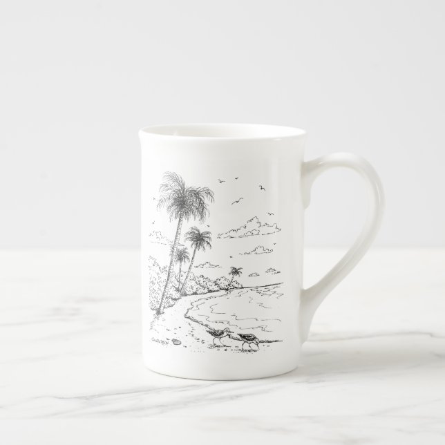 Palmträd och Sandpiperstrandliv Benporslin Mugg (Höger)