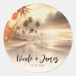 Palmträd & Orange solnedgång Strandbröllop Runt Klistermärke