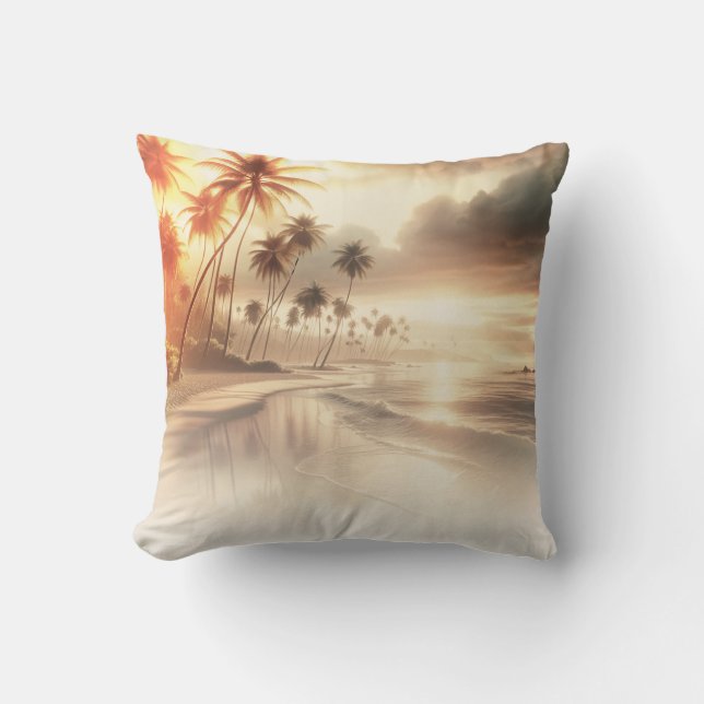 Palmträd & Orange Solnedgångsstrand Kudde (Framsida)
