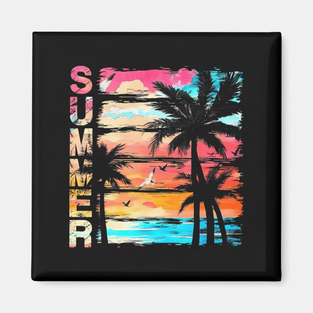 Palmträd Retro Solnedgång Sommar Strand Vintage Tr Magnet (Framsidan)