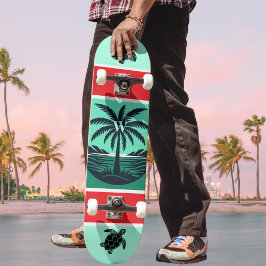 Palmträd Sköldpadda Silhuett Röd Grön Initial Mini Skateboard Bräda 18,5 Cm