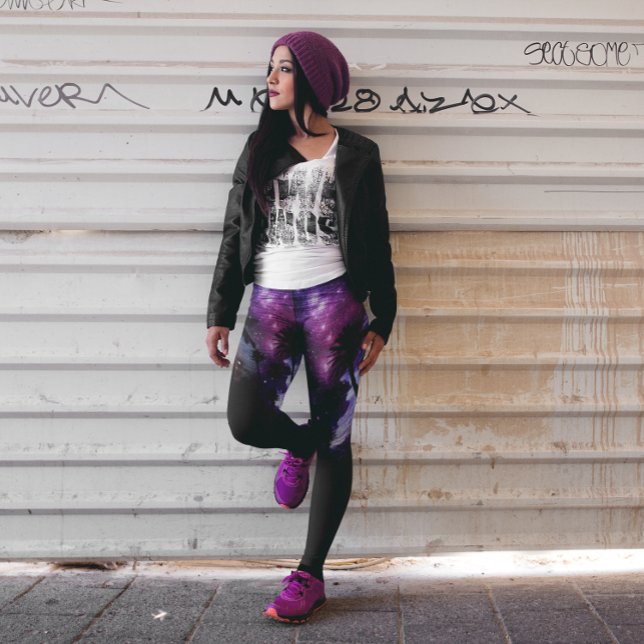 Palmträd Strand Space Galaxy Star Upprepa Svart Leggings (Skapare uppladdad)