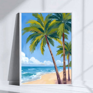 Palmträd Strand Tropisk Akvarell Blå Himmel Poster