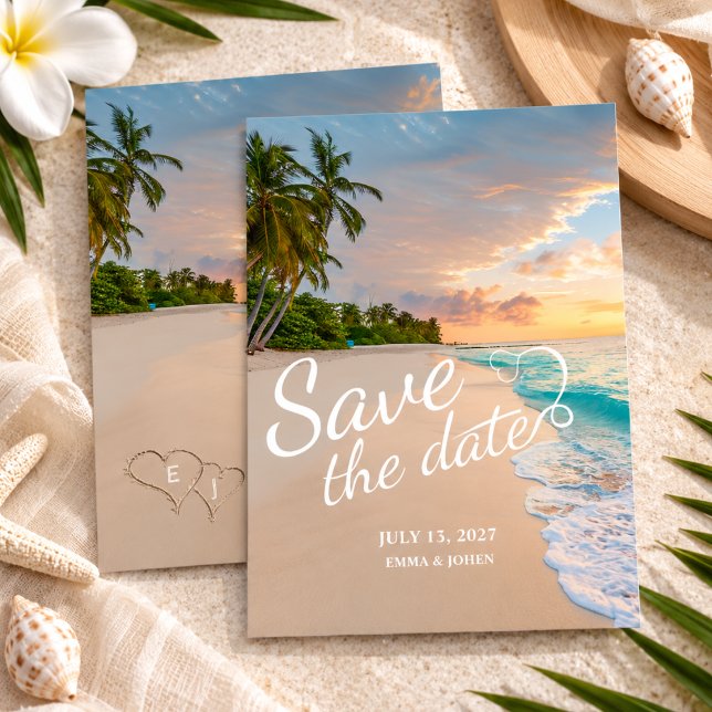 Palmträd strandbröllop  spara datumet (palm tree beach wedding save the date cards tropical destination island coastal minimalist couple )