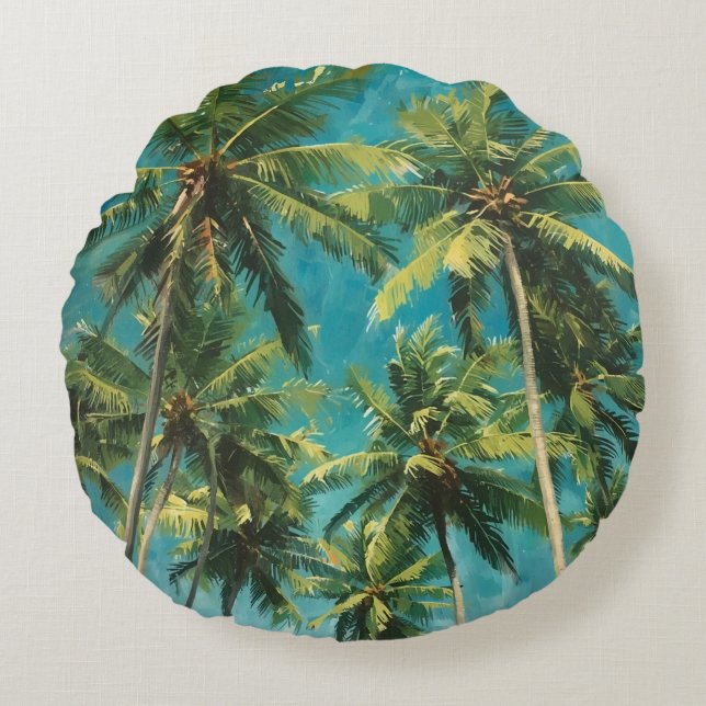 Palmträd Teal Himmel Rund Kudde (Framsidan)