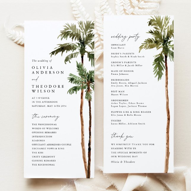 Palmträd Tropisk Bröllopsceremoni på Drömresmål Program (Palm Tree Wedding Program Tropical Ceremony Program Beach Destination Wedding Stationery)