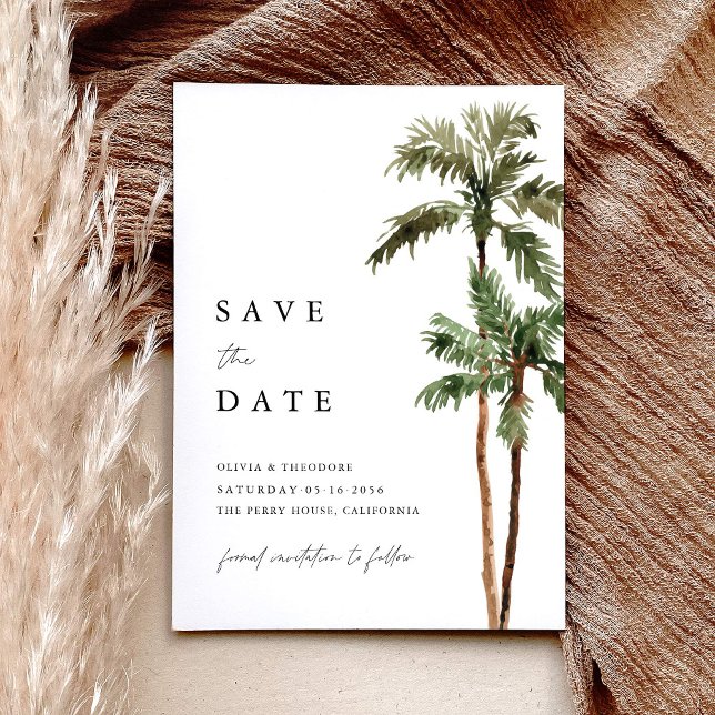 Palmträd Tropisk Bröllopsdestination Spara Datumet (Palm Tree Save the Date Card tropical destination beach wedding stationery)
