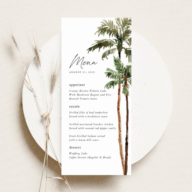 Palmträd Tropisk Bröllopsmottagning Meny (Palm Tree Wedding Menu Tropical Wedding Menu Card Beach Destination Wedding Stationery)