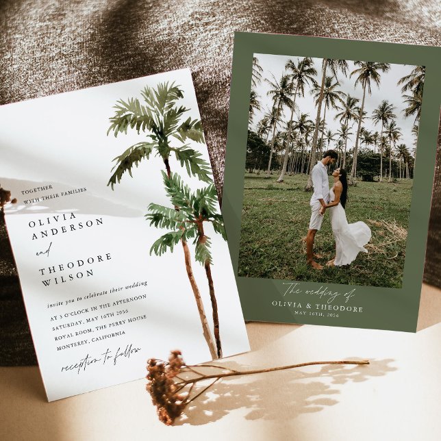 Palmträd Tropisk Destinations Foto Bak Bröllop  Inbjudningar (Palm Tree Photo Wedding Invitation, tropical destination suite with photo back, island beach invite)