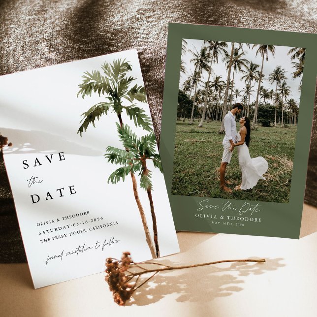 Palmträd Tropisk Destinations Foto Bak Bröllop Spara Datumet (Palm Tree Photo Save the Date tropical destination beach wedding stationery with photo back)
