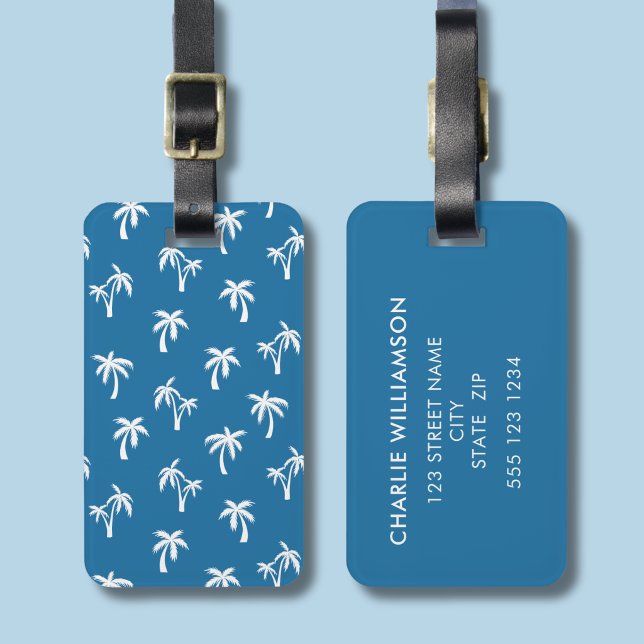 Palmträd Tropiskt mönster blått Bagagebricka (Blue palm tree patterned luggage tag)