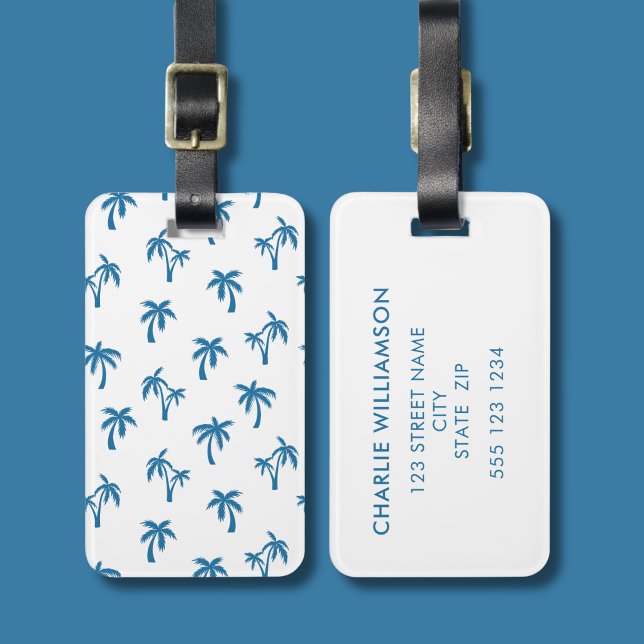 Palmträd Tropiskt mönster blått vitt Bagagebricka (Blue palm tree luggage tag)