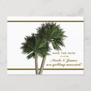 Palmträd Vita & Guld Elegant Save The Date-kort Meddelande Vykort