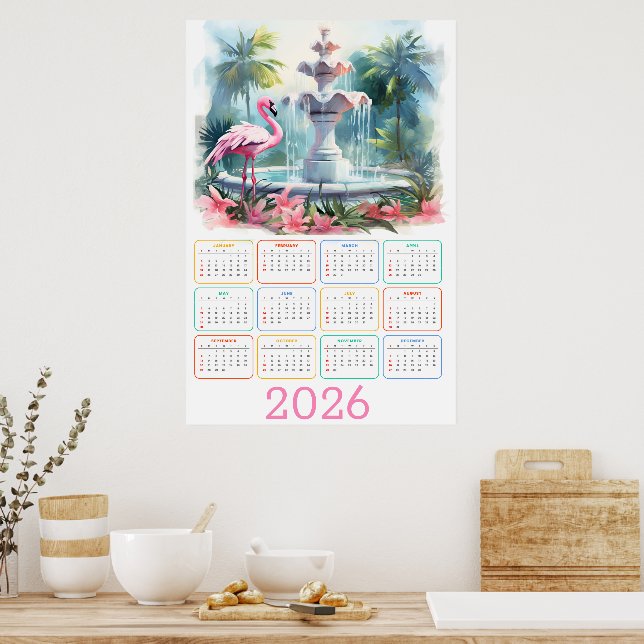 Palmträdgårds serenitet: 2026 Flamingo Kalender Poster (Kök)