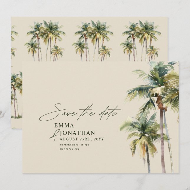Palmtree Destination Elegant Kustbröllop Spara Datumet (Fram/baksida)