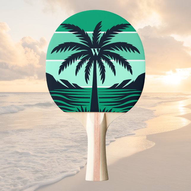 Palmtree Siluett Svart Randig Grön Monogram Pingisracket (Skapare uppladdad)