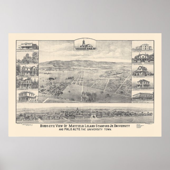 Palo Alto, CA. Panoramisk Karta 1888 (1658A) Poster (Framsidan)