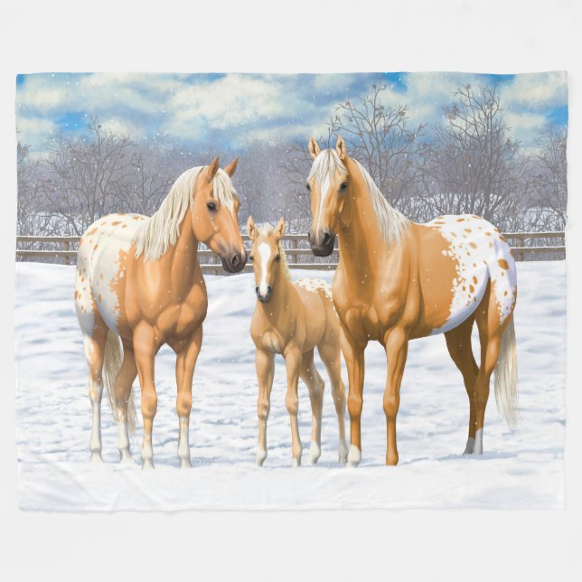 Palomino Appaloosa-hästar i Snö Fleecefilt (Framsidan (Horisontell))