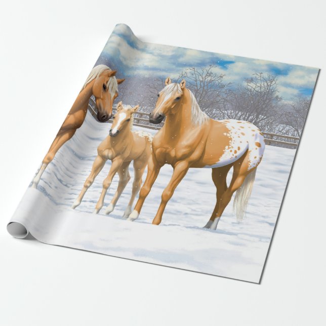 Palomino Appaloosa-hästar i Snö Presentpapper (Utrullad)