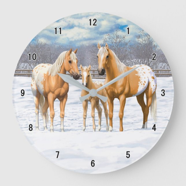 Palomino Appaloosa-hästar i Snö Stor Klocka (Framsida)
