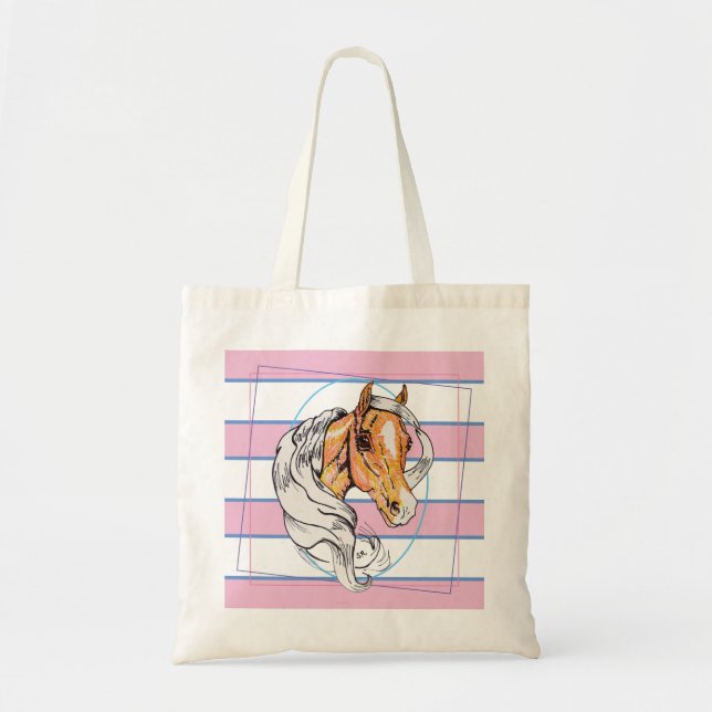 Palomino (blått, rosa och vitt rand) tygkasse (Framsidan)