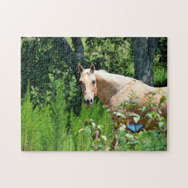 Palomino Horse in Pasture Jigszle Puzzle Pussel (Horisontell)