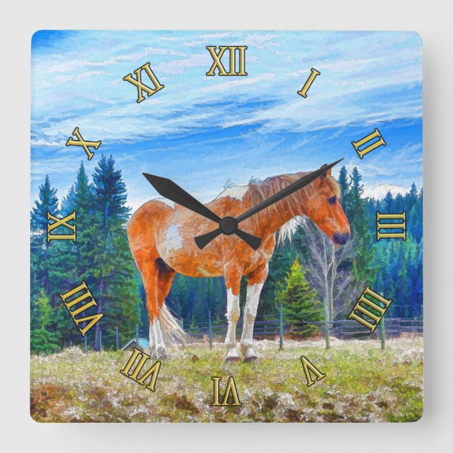 Palomino Pinto i Fält och Forest Scene Fyrkantig Klocka (Framsida)
