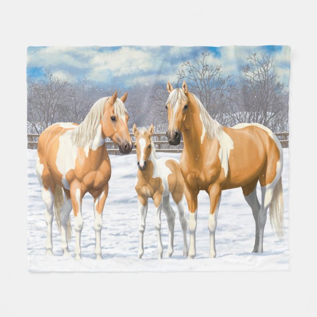 Palomino Pinto Paint Quarter Horses i Snö Fleecefilt (Framsidan (Horisontell))