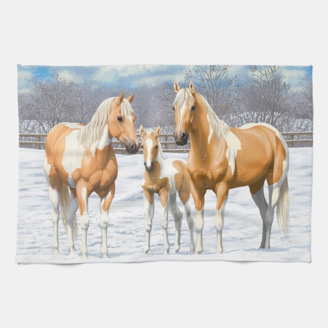 Palomino Pinto Paint Quarter Horses i Snö Kökshandduk (Horisontell)