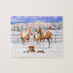 Palomino Pinto Paint Quarter Horses i Snö Pussel