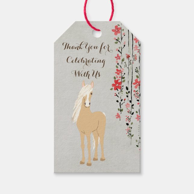 Palomino Pony och Flowers Horse Birthday Favor Presentetikett (Framsidan)
