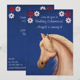 Palomino Pony Rött vitt blått Horse Birthday Inbju Inbjudningar