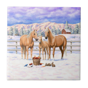 Palomino Quarter Horses in Winter Snö Kakelplatta