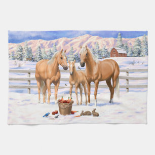 Palomino Quarter Horses in Winter Snö Kökshandduk