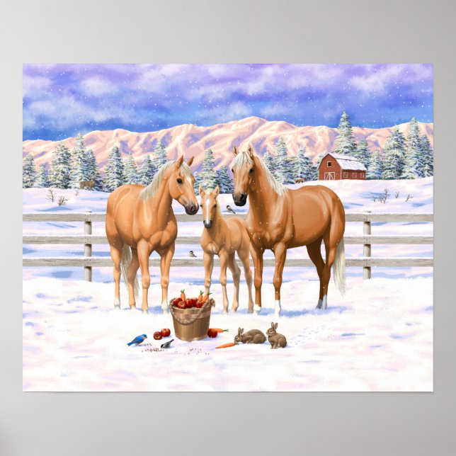 Palomino Quarter Horses in Winter Snö Poster (Framsidan)