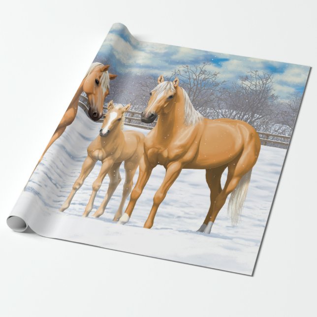Palomino Quarter Horses in Winter Snö Presentpapper (Utrullad)